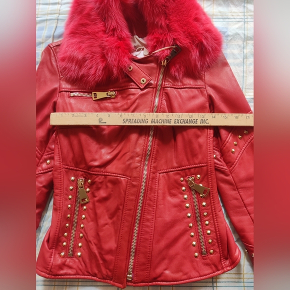 Flo Clo red leather fur studded jacket size 42 - Picture 6 of 12